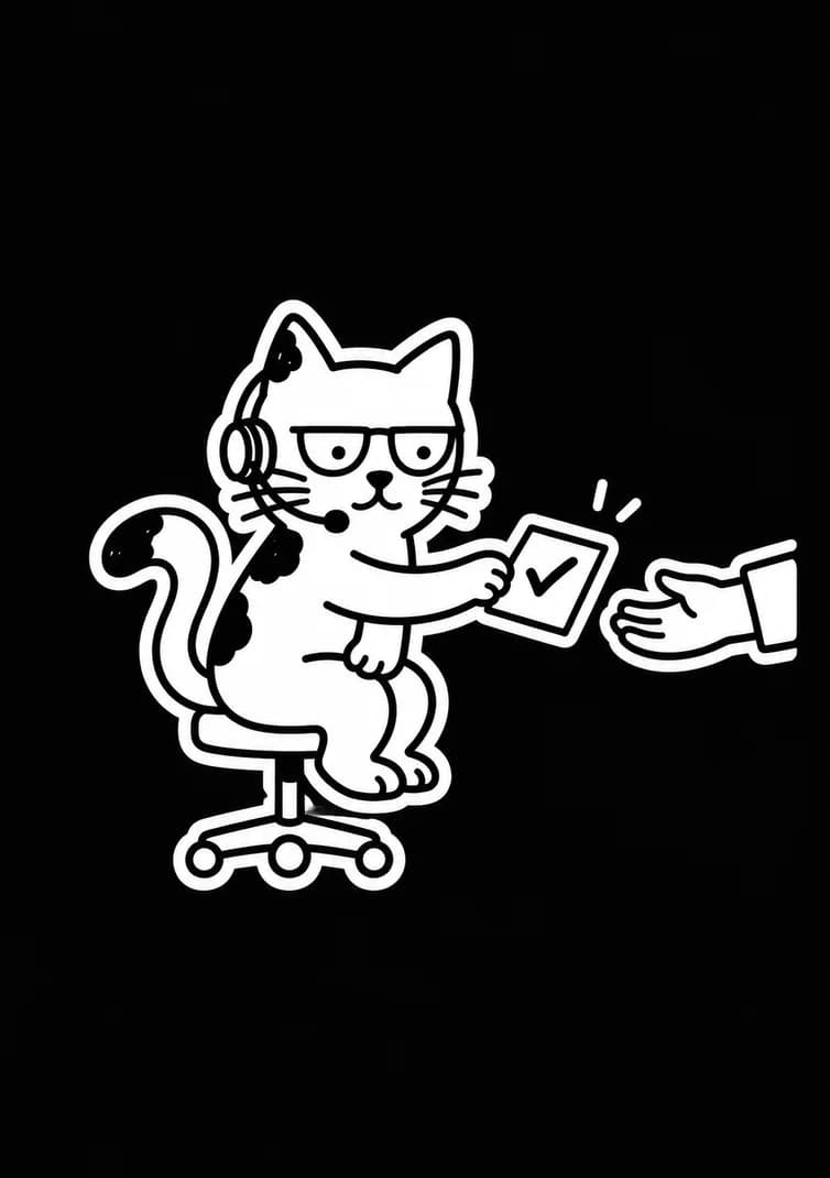 El gato de lapata, con manchas negras y auriculares, entrega una solicitud al equipo humano.