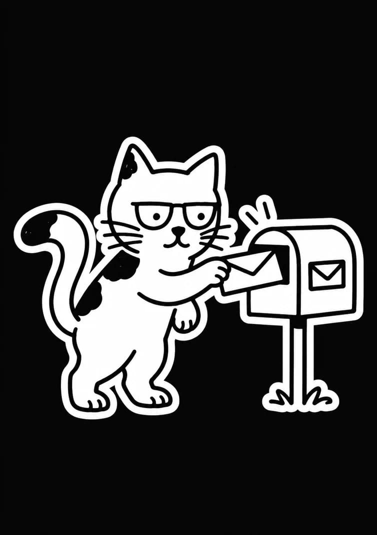 O gato da lapata, com as suas manchas negras, está de pé e coloca um envelope numa caixa de correio.