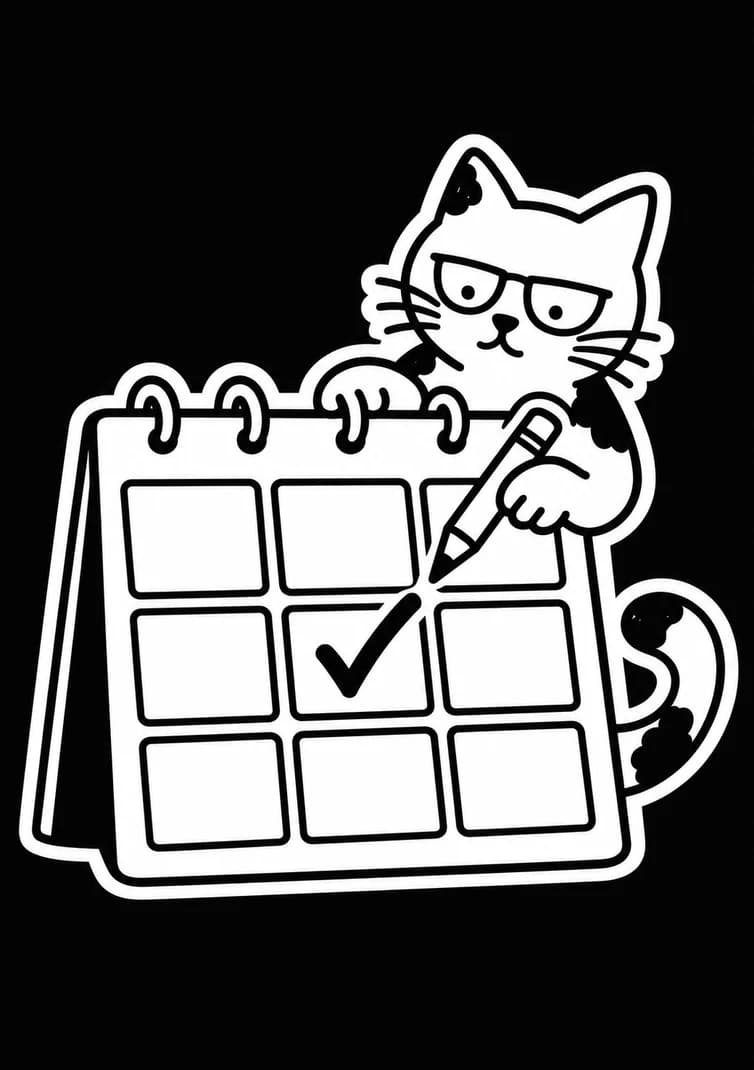 El gato de lapata, con sus manchas negras, marca una casilla en un calendario de citas.
